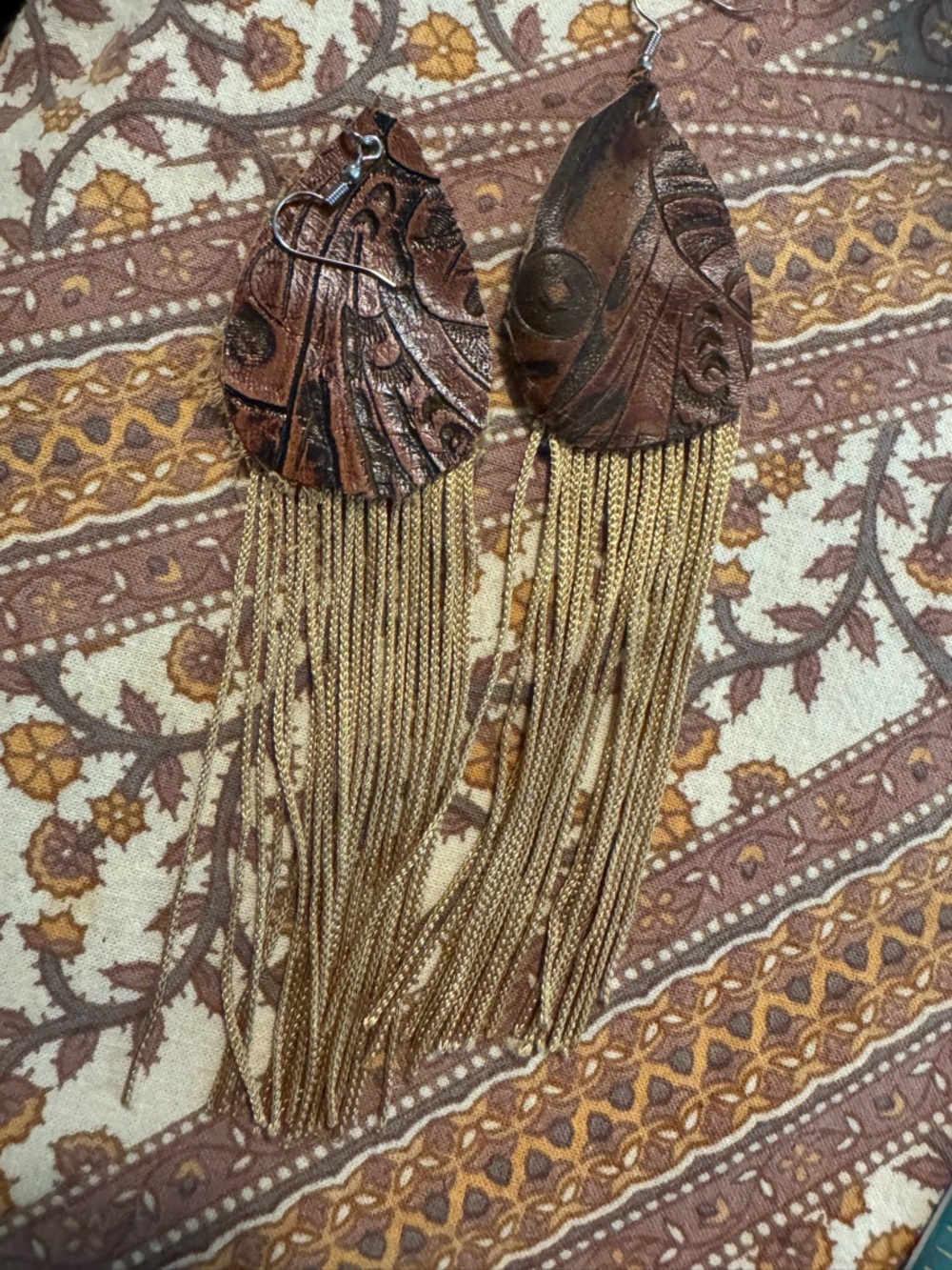 Boho hand tooled Leather Tassel Fringe Earrings - Brown & Gold